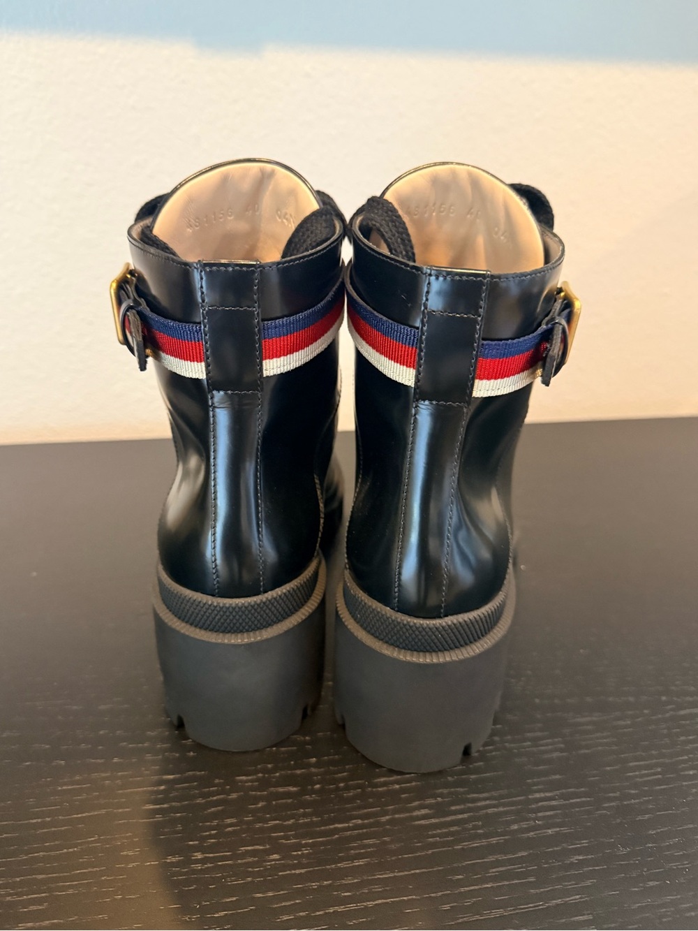 Gucci Black Leather Lace-Up Lug Sole Ankle Boots with Red-White-Blue Strap - Picture 6 of 8